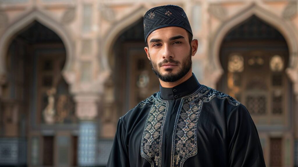 homme portant un qamis noir traditionnel