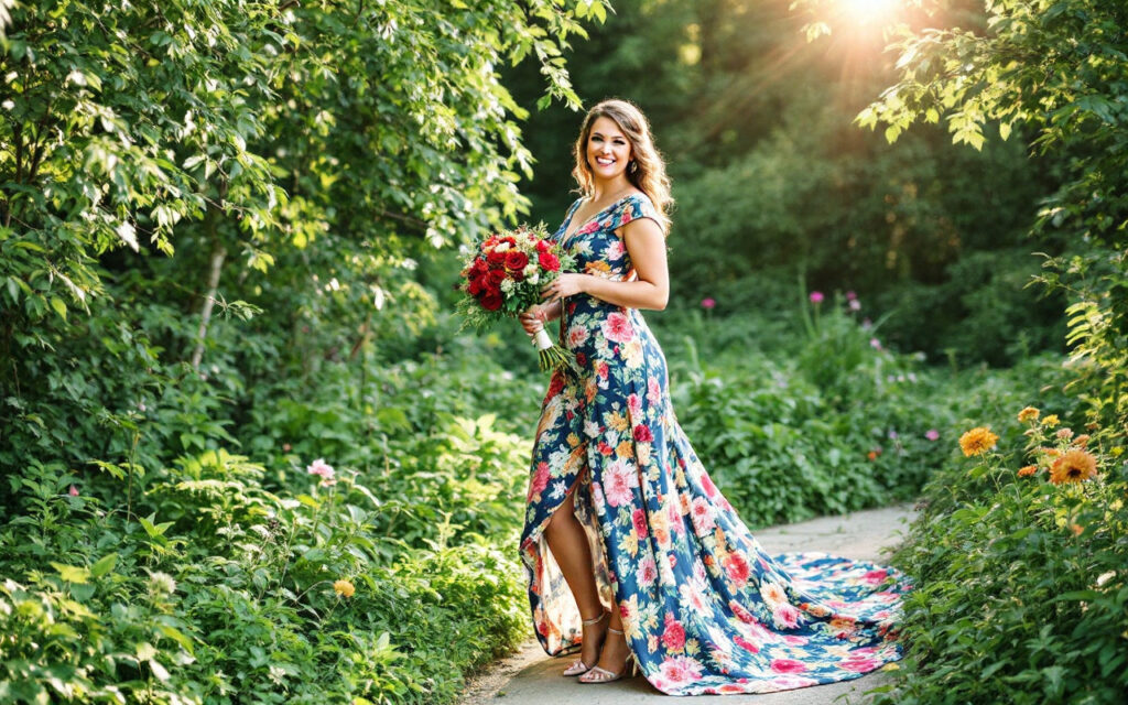 une-demoiselle-dhonneur-portant-une-magnifique-robe-florale-entouree-dune-verdure-luxuriante-dans-une-ambiance-naturelle-et-joyeuse-avec-une-lumiere-douce-filtrant-a-travers-les-arbres