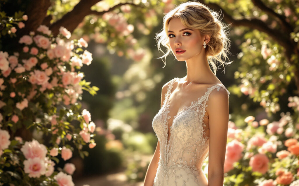 robe-de-mariee-de-style-gatsby-avec-des-perles-delicates-presentee-dans-un-jardin-vintage-luxuriant-baignee-de-lumiere-douce