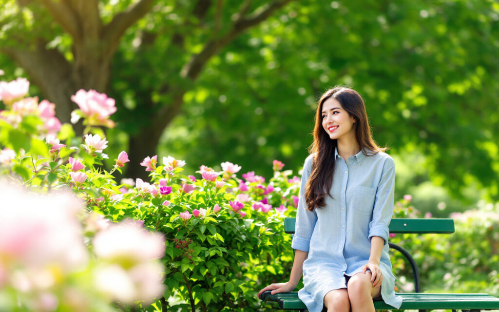 une-femme-portant-une-robe-chemise-decontractee-assise-sur-un-banc-dans-un-parc-entouree-darbres-verts-et-de-fleurs-en-fleurs-sous-un-doux-soleil-filtrant-a-travers-les-feuilles