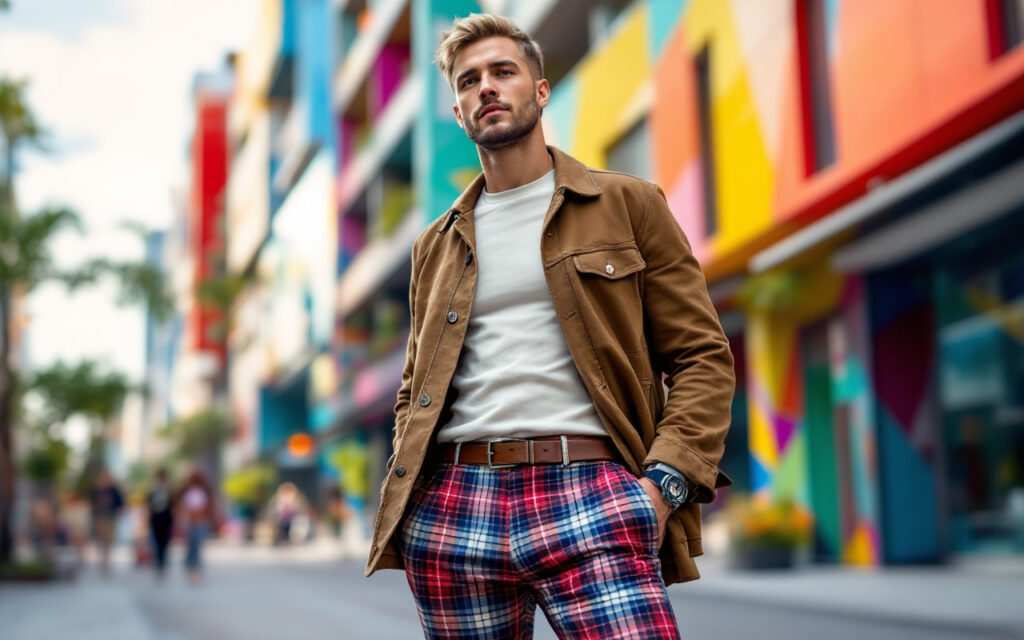 un-homme-portant-des-pantalons-ecossais-et-une-tenue-stylee-debout-dans-un-environnement-urbain-vibrant-avec-une-pose-confiante-et-des-couleurs-lumineuses