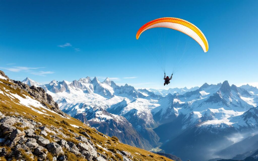 Un parapente évoluant au-dessus des Alpes, avec un ciel bleu vibrant et des sommets enneigés majestueux sous la lumière éclatante du soleil.