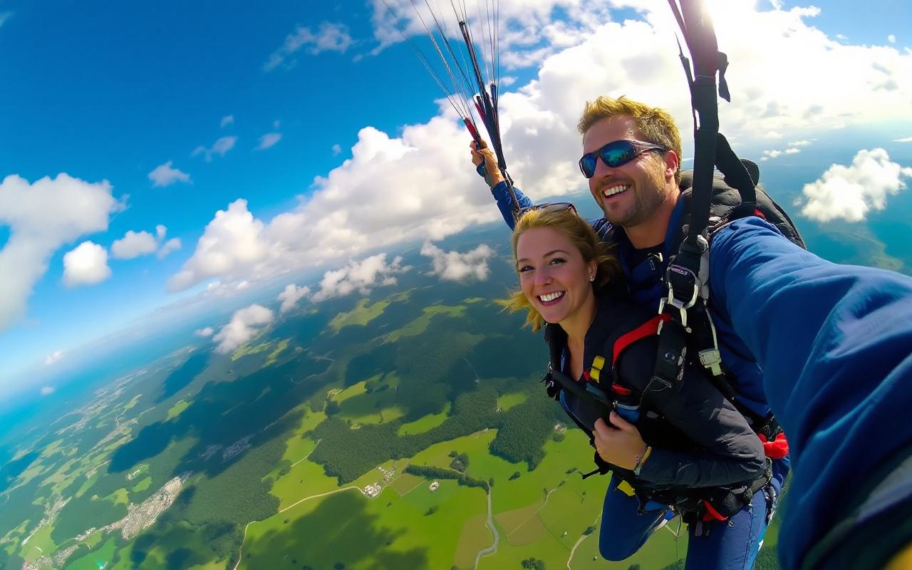 Une personne profitant d'une expérience de parapente en tandem, survolant des paysages époustouflants sous un ciel bleu et ensoleillé, avec des collines verdoyantes en arrière-plan.