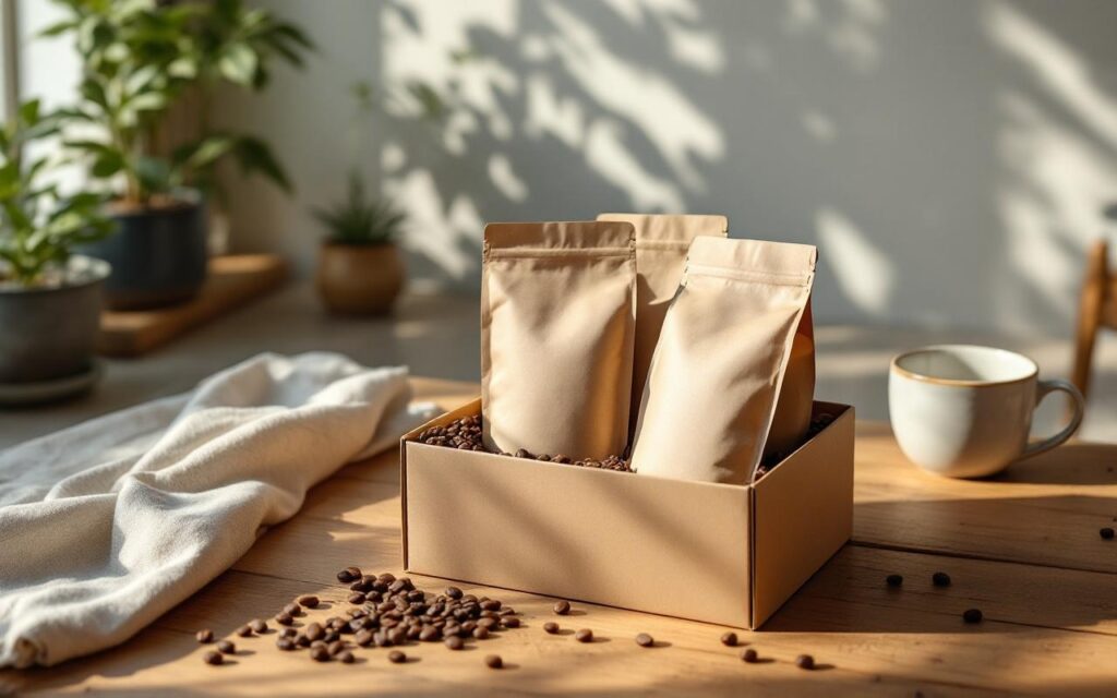 coffret-cadeau-de-cafe-contenant-trois-sacs-de-cafe-poses-sur-une-table-en-bois-sachets-au-design-mat-et-etiquette-minimaliste-quelques-grains-de-cafe-eparpilles-tasse-en-ceramique-a-cote-et