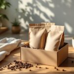 Idées cadeaux café pour amateur pressé coffret-cadeau-de-cafe-contenant-trois-sacs-de-cafe-poses-sur-une-table-en-bois-sachets-au-design-mat-et-etiquette-minimaliste-quelques-grains-de-cafe-eparpilles-tasse-en-ceramique-a-cote-et