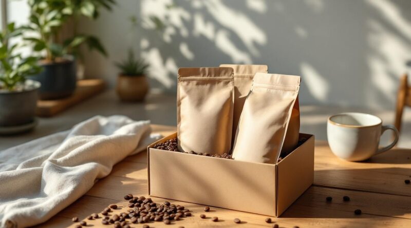 coffret-cadeau-de-cafe-contenant-trois-sacs-de-cafe-poses-sur-une-table-en-bois-sachets-au-design-mat-et-etiquette-minimaliste-quelques-grains-de-cafe-eparpilles-tasse-en-ceramique-a-cote-et