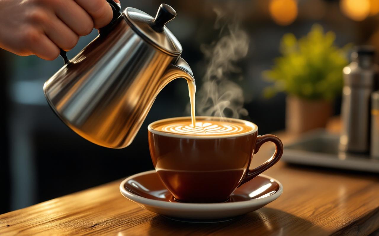 Gros plan d'un latte art versé depuis une verseuse à col de cygne en acier inoxydable dans une tasse en céramique, crème visible et motifs de lait tourbillonnants, vapeur légère, main en train de verser, ambiance chaleureuse et lumière douce du matin avec tons bruns, bleus et verts.