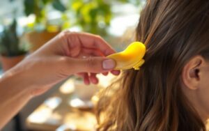 gros-plan-dune-main-clipant-une-barrette-en-forme-de-banane-dans-des-cheveux-lumiere-douce-du-matin-arriere-plan-flou-avec-plantes-en-pot-et-table-en-bois