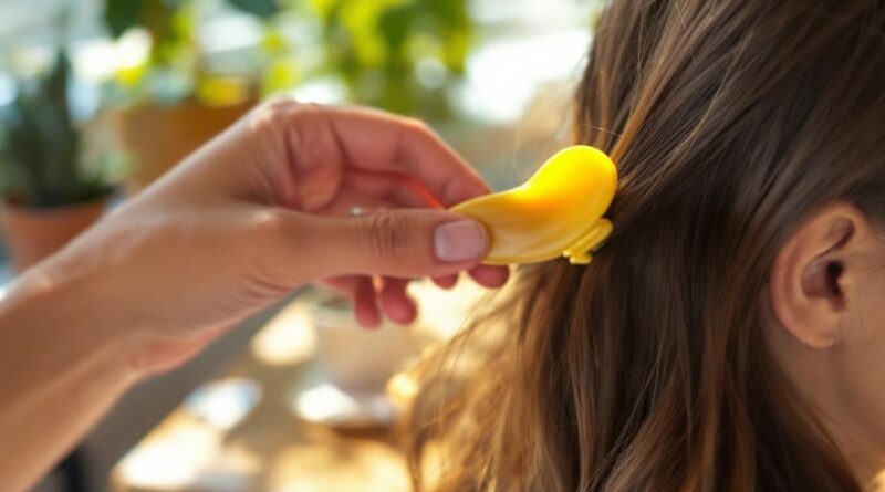 gros-plan-dune-main-clipant-une-barrette-en-forme-de-banane-dans-des-cheveux-lumiere-douce-du-matin-arriere-plan-flou-avec-plantes-en-pot-et-table-en-bois