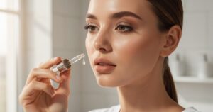 Femme appliquant un sérum aux peptides de collagène sur le visage