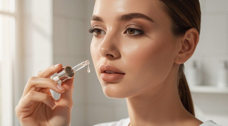 Femme appliquant un sérum aux peptides de collagène sur le visage