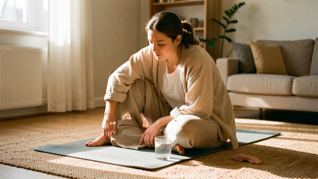 Femme sereine chez elle, lumière douce, verre d’eau posé près d’un tapis de yoga sur un tapis en texture naturelle, ambiance bien-être.