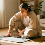Les 7 piliers d’une routine quotidienne bien dans son corps Femme sereine chez elle, lumière douce, verre d’eau posé près d’un tapis de yoga sur un tapis en texture naturelle, ambiance bien-être.
