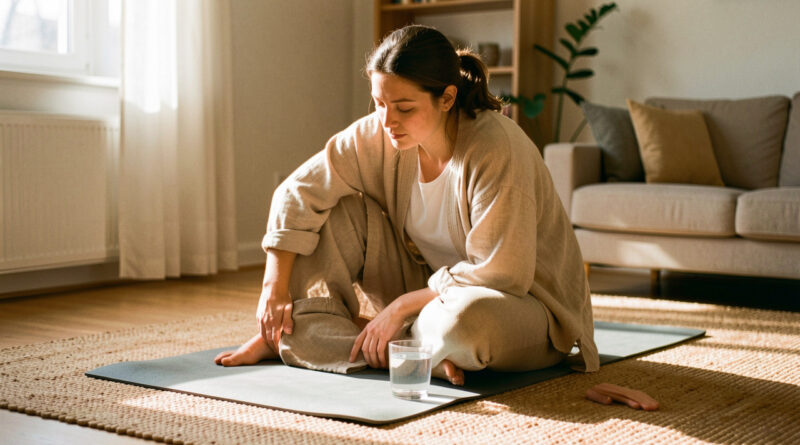 Femme sereine chez elle, lumière douce, verre d’eau posé près d’un tapis de yoga sur un tapis en texture naturelle, ambiance bien-être.