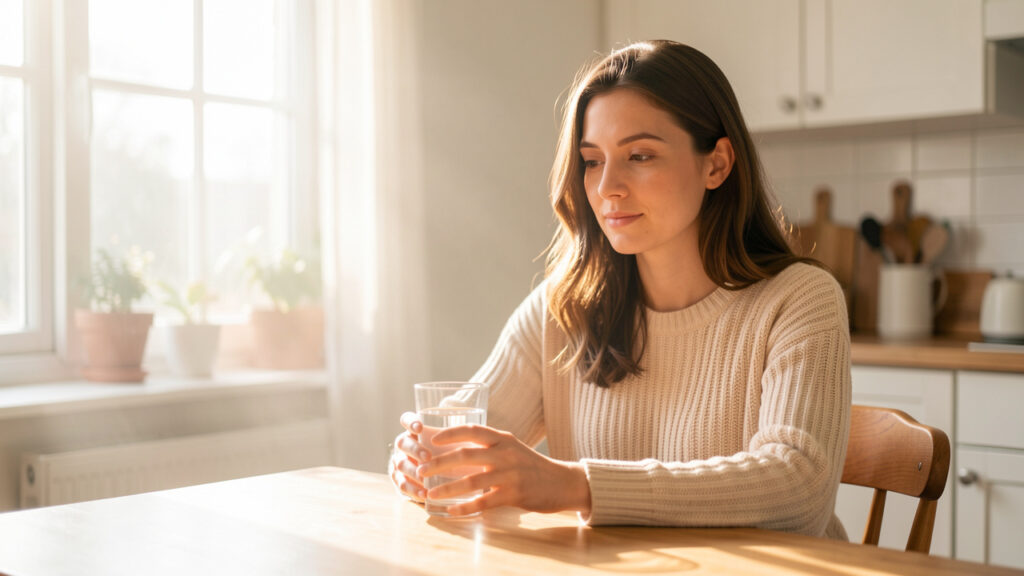 Intérieur lumineux au petit matin : une femme sereine assise à table, tenant un verre d’eau, ambiance douce et naturelle.