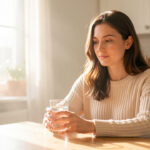 Routine du matin bienfaits : 7 habitudes simples pour mieux vivre la journée Intérieur lumineux au petit matin : une femme sereine assise à table, tenant un verre d’eau, ambiance douce et naturelle.