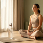 Femme en tenue de yoga assise calmement sur un tapis près d’une gourde en verre, éclairée par une douce lumière naturelle du matin.