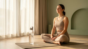 Femme en tenue de yoga assise calmement sur un tapis près d’une gourde en verre, éclairée par une douce lumière naturelle du matin.