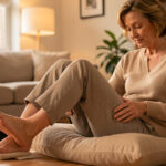 Jambes lourdes le soir : les gestes utiles après une journée assise Une femme effectue doucement des mouvements de chevilles les jambes surélevées sur un coussin, dans un salon éclairé par une lumière douce du soir.