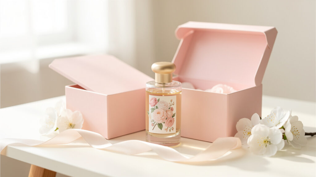 Flacon de parfum élégant dans une boîte cadeau pastel, entouré de fleurs blanches et d’un ruban satiné.