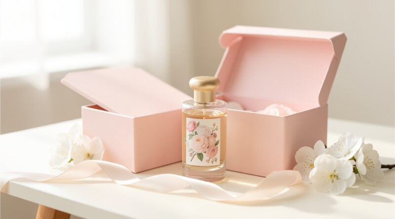 Flacon de parfum élégant dans une boîte cadeau pastel, entouré de fleurs blanches et d’un ruban satiné.