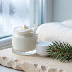 Routine visage peau sèche running hiver : apaiser sans surcharger Composition hivernale avec une crème hydratante douce, une serviette en coton et une branche de conifère près d’une fenêtre givrée.