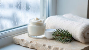 Composition hivernale avec une crème hydratante douce, une serviette en coton et une branche de conifère près d’une fenêtre givrée.
