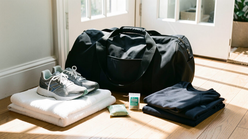 Sac de sport ouvert et aéré avec une serviette propre, des chaussures de course, un sachet désodorisant naturel et des vêtements pliés.