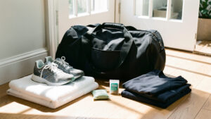 Sac de sport ouvert et aéré avec une serviette propre, des chaussures de course, un sachet désodorisant naturel et des vêtements pliés.