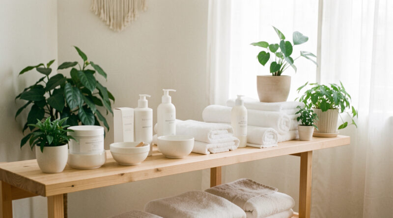 Cabine de soin lumineuse et chaleureuse dans un institut de beauté à Maisdon-sur-Sèvre, avec linge blanc, produits de soin du visage et décoration naturelle apaisante.