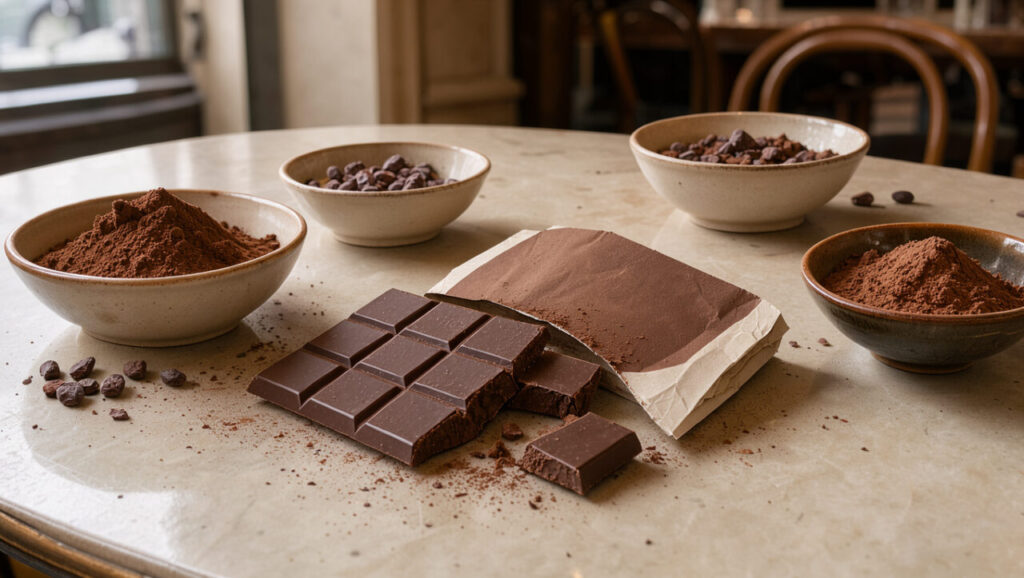 Tablette de chocolat noir ouverte sur une table parisienne, entourée de petits bols de cacao et de grué, avec un emballage uni sans inscription.