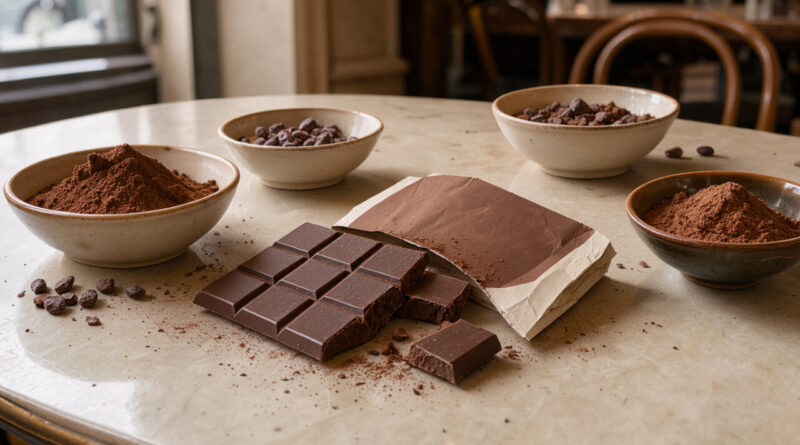 Tablette de chocolat noir ouverte sur une table parisienne, entourée de petits bols de cacao et de grué, avec un emballage uni sans inscription.